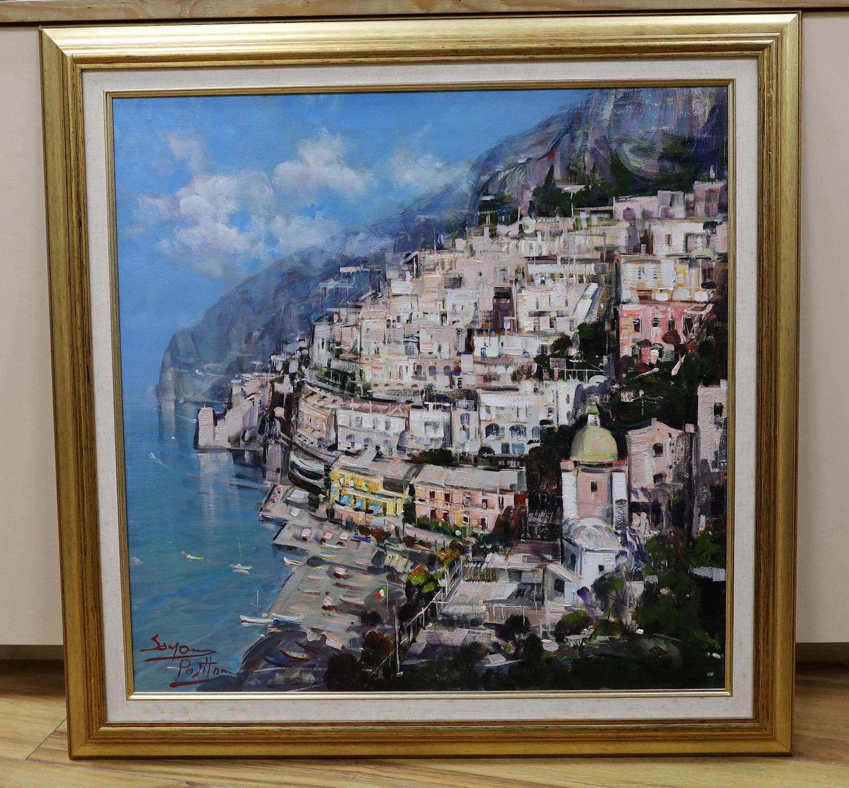 Mario Sanzone (Italian, b.1946), oil on canvas, 'Positano', signed, 60 x 60cm